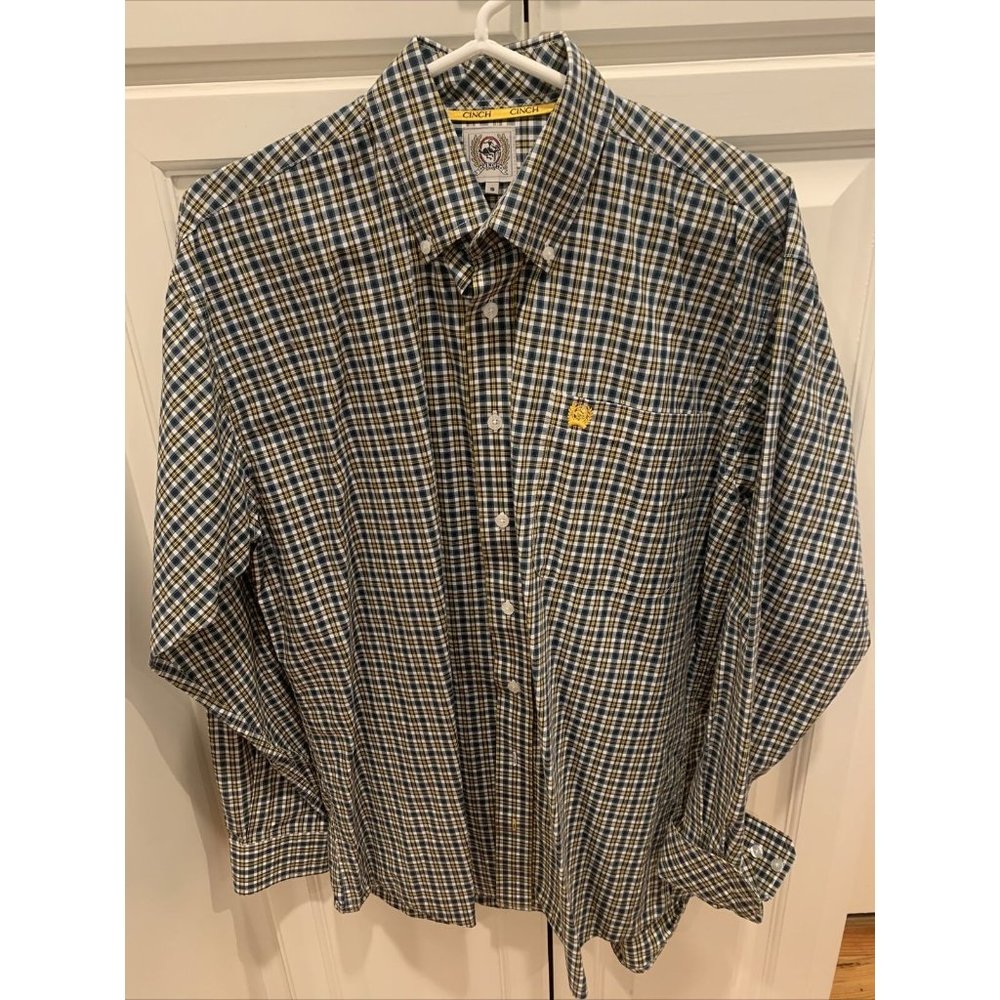 Cinch Men Button Up Shirt 46” Small/medium* Blue Green Yellow Plaid Long Sleeve